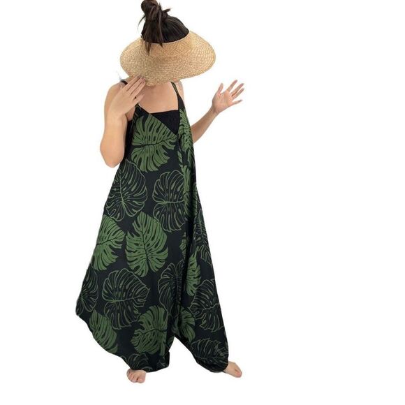 Pōʻalima Black Green Monstera Tropical Boho Wide Leg Beach Romper - Picture 5 of 15